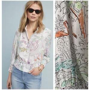 Anthropologie Maeve Shirt Women Medium Safari Paint by Numbers Smocked Crop Rare